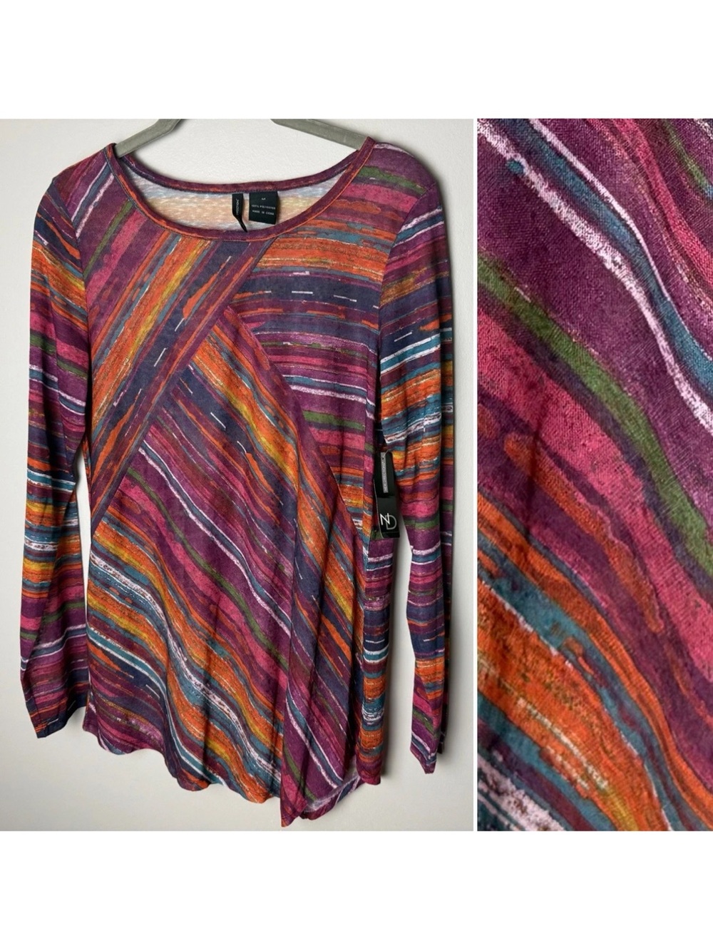 NEW New Directions Tunic Top Size Medium Colorful Abstract Stripe Semi-Sheer
